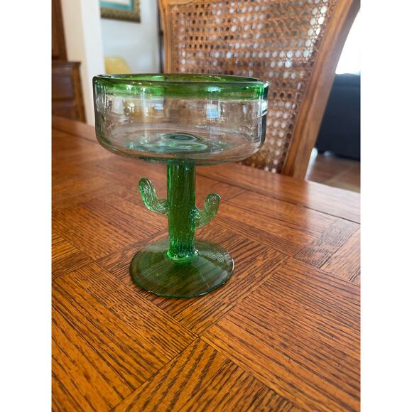 Handblown Mexican Margarita Glasses Green Cactus Stem Recycled Bubble Glass (6) - Picture 5 of 6